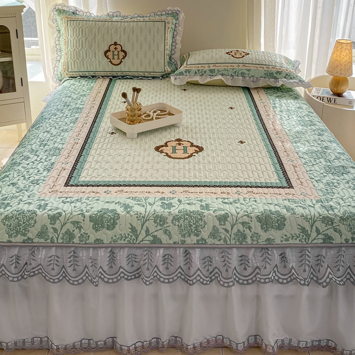 91家纺网 家纺一手货源 找家纺 麋兔 2025新款冰丝床裙乳胶凉席席子 青颜