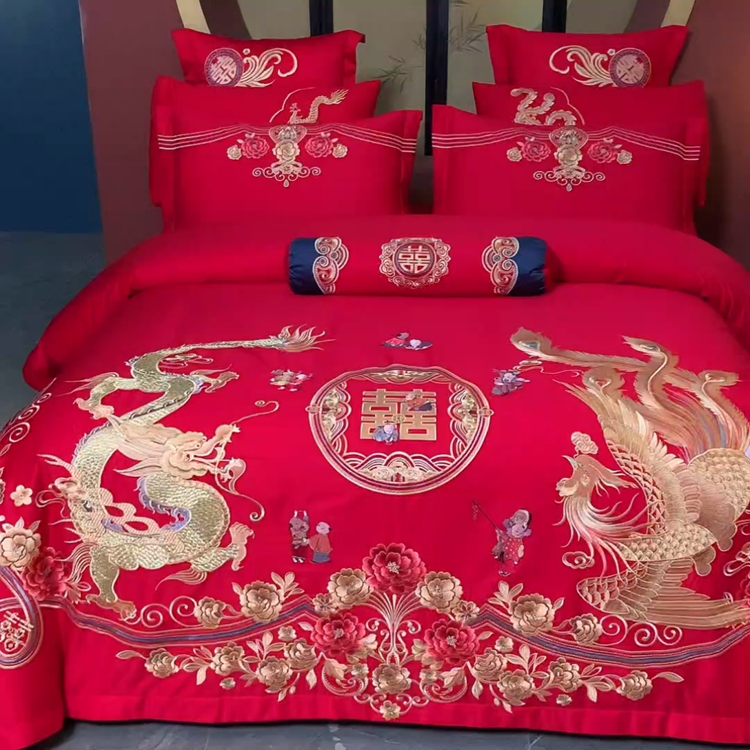 91家纺网 家纺一手货源 找家纺 慕她家纺 2025新款慕她婚庆四件套全棉纯棉结婚刺绣花多件套六八十床品 眷恋龙凤