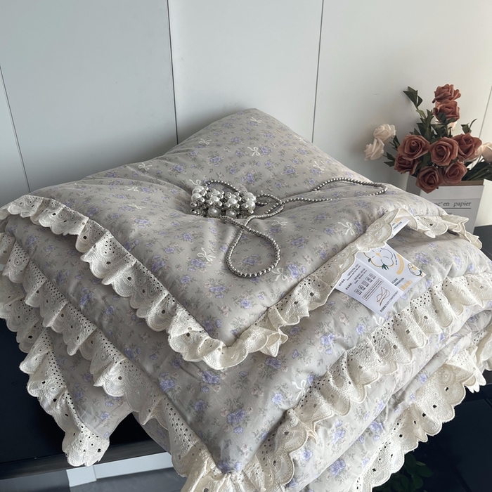 91家纺网 家纺一手货源 找家纺 莱豫2025新款法式纯棉夏被春秋被 花束灰