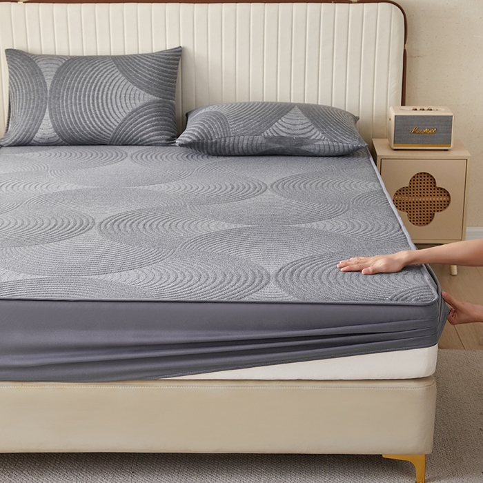 91家纺网 家纺一手货源 找家纺 梦镜家纺 2025新款A类防尘亲肤针织床笠 波纹圆-深灰