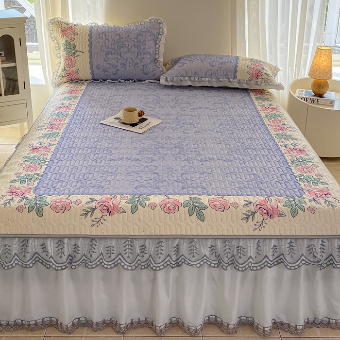 91家纺网 家纺一手货源 找家纺 麋兔 2025新款冰丝床裙乳胶凉席席子 紫蔓