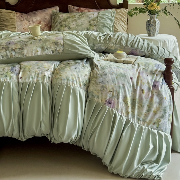 91家纺网 家纺一手货源 找家纺 艾米家居 2025新款A类天丝棉冰丝法式花边褶皱款四件套 绿野仙踪褶皱款