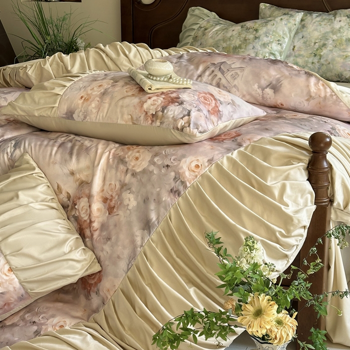 91家纺网 家纺一手货源 找家纺 艾米家居 2025新款A类天丝棉冰丝法式花边褶皱款四件套 秘密花园皱褶款