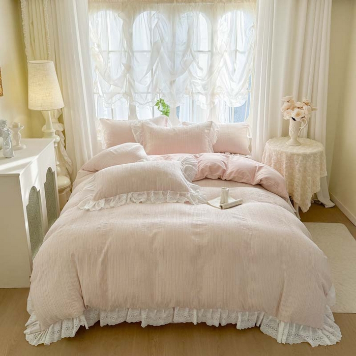 91家纺网 家纺一手货源 找家纺 亲亲公主 2025新款全棉水洗棉色织提花四件套-糖果日记 糖果-粉