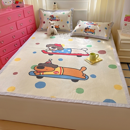 希诺2025新款大版卡通凉席冰丝席三件套 滑板腊肠狗