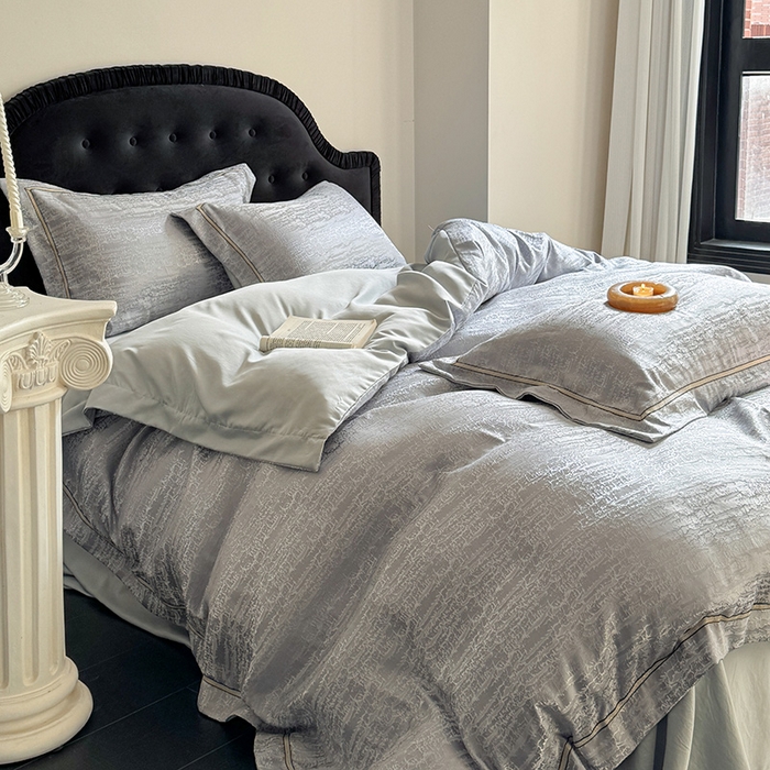 91家纺网 家纺一手货源 找家纺 优悦生活馆 2025新款冰丝亮丝提花四件套-白月光 星辰灰