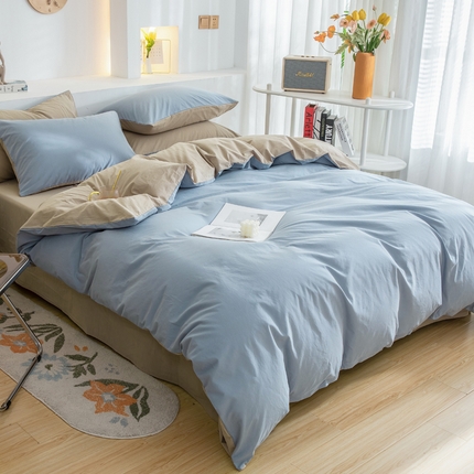 2025新款全棉双拼水洗棉四件套 双拼-浅蓝卡其