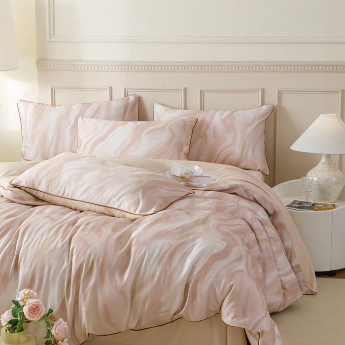 91家纺网 家纺一手货源 找家纺 金奇达2025新款【格林】-轻氧水光莱赛尔四件套（标准号全网控价（折后券后）不低于268元） 格林-杏粉