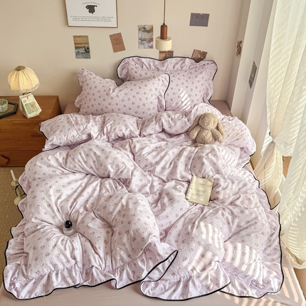 麦瑞家纺 2025新款A类韩版花边针织双层纱四件套 豆蔻紫