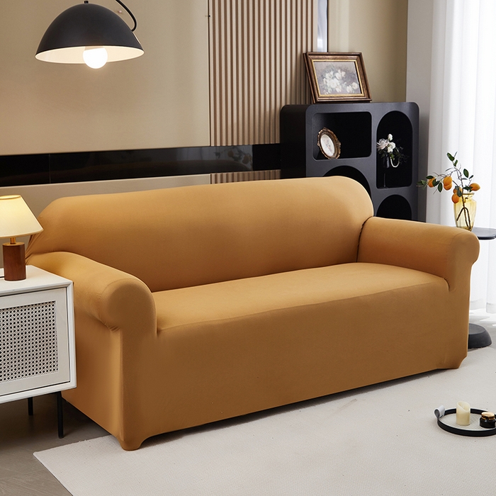 91家纺网 家纺一手货源 找家纺 共鸣沙发套 新款牛奶丝覆膜防水纯色系列沙发套 焦糖色