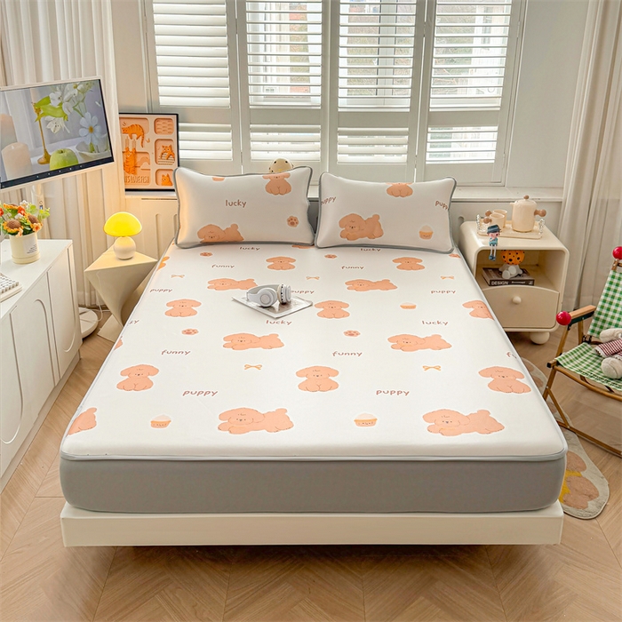 91家纺网 家纺一手货源 找家纺 雯豆家纺 2025夏季新品碳光冰丝凉席床笠款三件套印花小清新绑带冰丝席床罩 碳光冰丝席-床笠款-胖嘟嘟