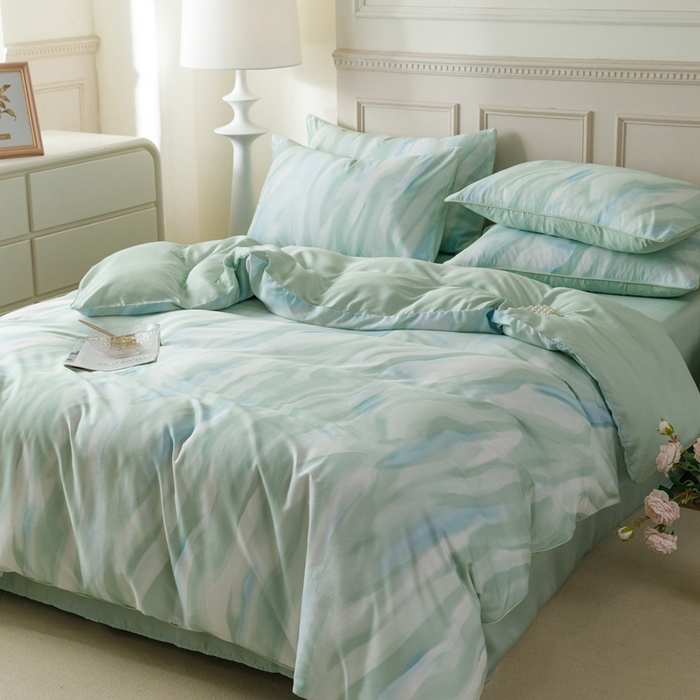 91家纺网 家纺一手货源 找家纺 金奇达2025新款【格林】-轻氧水光莱赛尔四件套（标准号全网控价（折后券后）不低于268元） 格林-水绿