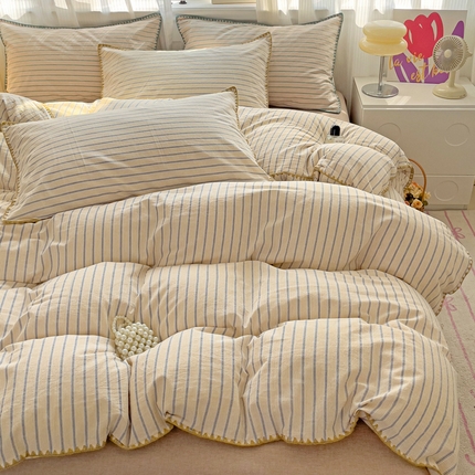 91家纺网 家纺一手货源 找家纺 艾咪 新款贝壳边全棉色织水洗棉四件套三件套 贝壳边海岸蓝