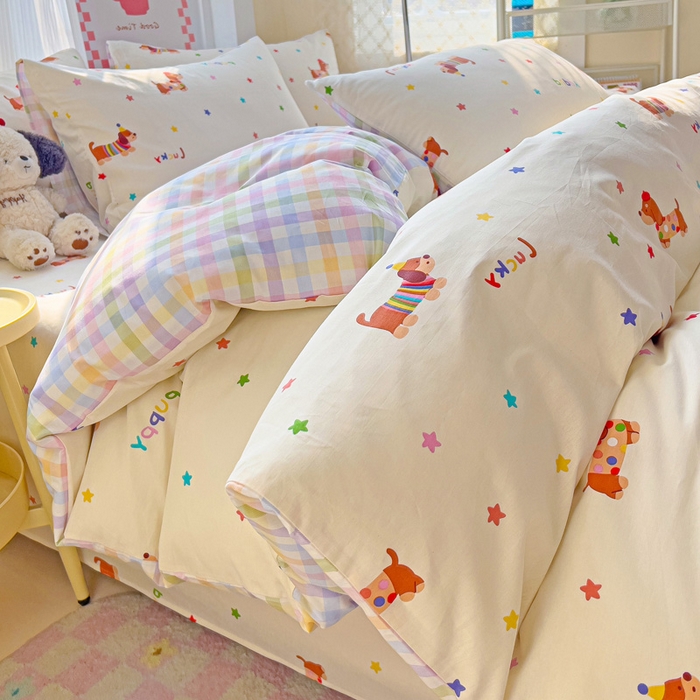 91家纺网 家纺一手货源 找家纺 棉生活家纺 2025新款ins全棉小清新系列四件套 狗狗联盟