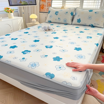 雯豆家纺 2025夏季新品碳光冰丝凉席床笠款三件套印花小清新绑带冰丝席床罩 碳光冰丝席-床笠款-漫雨