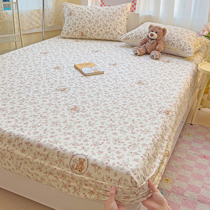 91家纺网 家纺一手货源 找家纺 棉生活家纺 2025新款ins全棉小清新系列单品床笠 清茶小熊