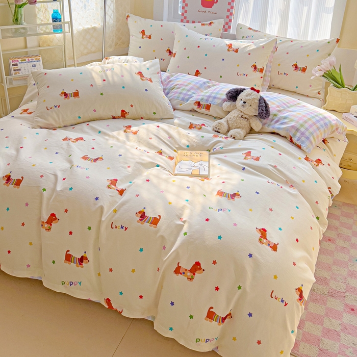 91家纺网 家纺一手货源 找家纺 棉生活家纺 2025新款ins全棉小清新系列四件套 狗狗联盟