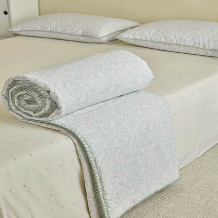 91家纺网 家纺一手货源 找家纺 暖阳 2025新款全棉贝壳边棉花夏被 花间寻梦蓝