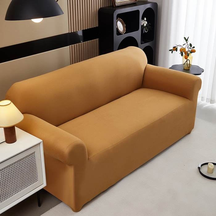 91家纺网 家纺一手货源 找家纺 共鸣沙发套 新款牛奶丝覆膜防水纯色系列沙发套 焦糖色