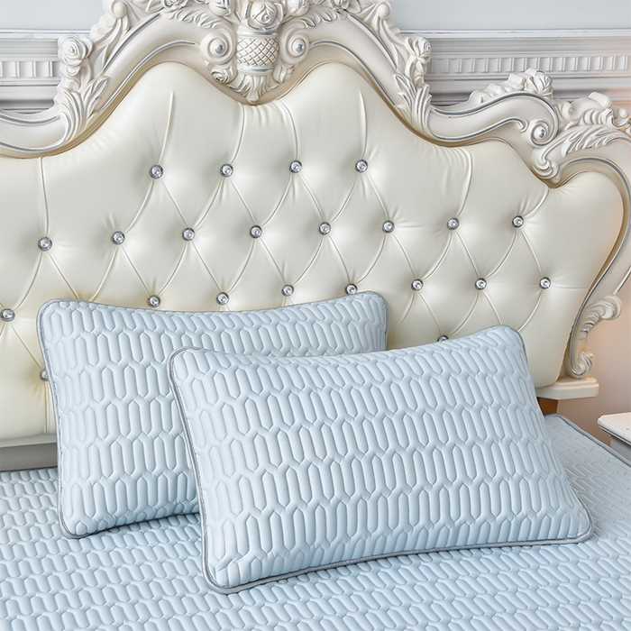 91家纺网 家纺一手货源 找家纺 诺梵 2025新款可拆卸乳胶凉席三件套床裙款 可拆蓝灰