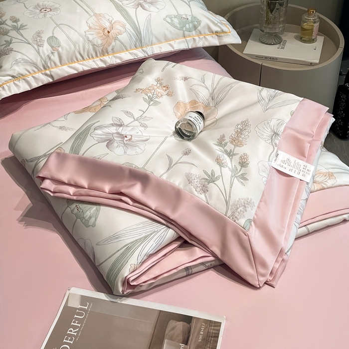 91家纺网 家纺一手货源 找家纺 佳品居 2025新款直播水洗天丝夏被冰丝夏凉被空调被四件套 兮颜粉