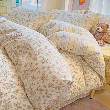 棉生活家纺 2025新款ins全棉小清新系列四件套 清茶小熊