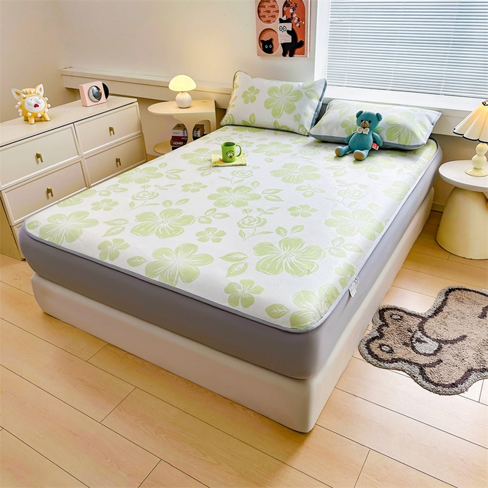 91家纺网 家纺一手货源 找家纺 雯豆家纺 2025夏季新品冰藤印花床笠三件套加厚冰丝软藤席小清新印花床罩单件 冰藤席-床笠款-伊犁花绚