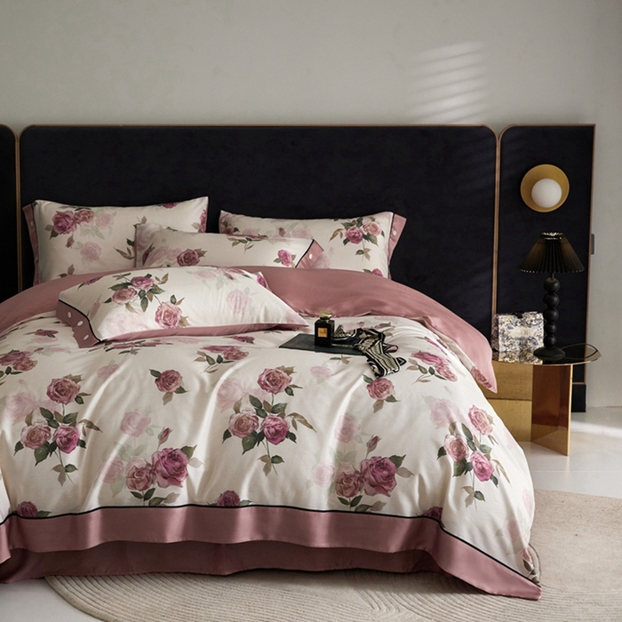 91家纺网 家纺一手货源 找家纺 金奇达2025新款【浮光花漾】-茧养莱赛尔四件套（标准号全网控价（折后券后）不低于258元） 暗夜玫瑰