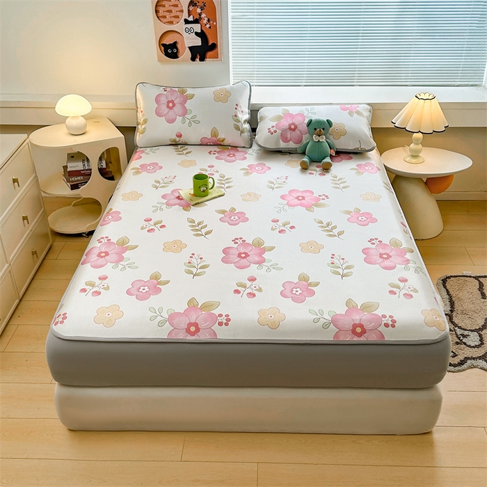 91家纺网 家纺一手货源 找家纺 雯豆家纺 2025夏季新品冰藤印花床笠三件套加厚冰丝软藤席小清新印花床罩单件 冰藤席-床笠款-梦人花香