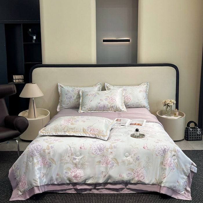 91家纺网 家纺一手货源 找家纺 佳品居 2025新款直播水洗天丝夏被冰丝夏凉被空调被四件套 绣球