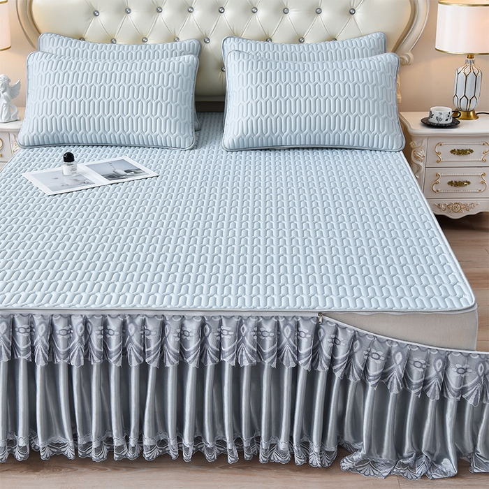 91家纺网 家纺一手货源 找家纺 诺梵 2025新款可拆卸乳胶凉席三件套床裙款 可拆蓝灰