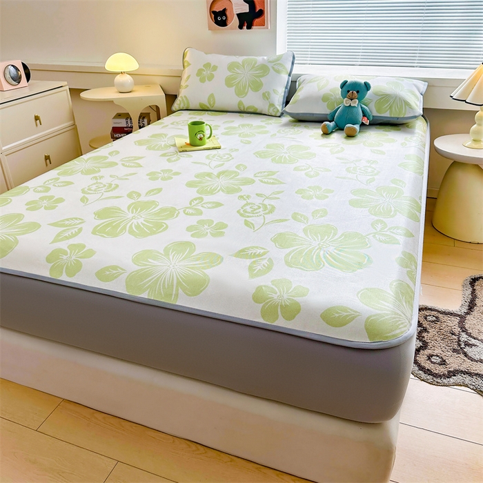 91家纺网 家纺一手货源 找家纺 雯豆家纺 2025夏季新品冰藤印花床笠三件套加厚冰丝软藤席小清新印花床罩单件 冰藤席-床笠款-伊犁花绚