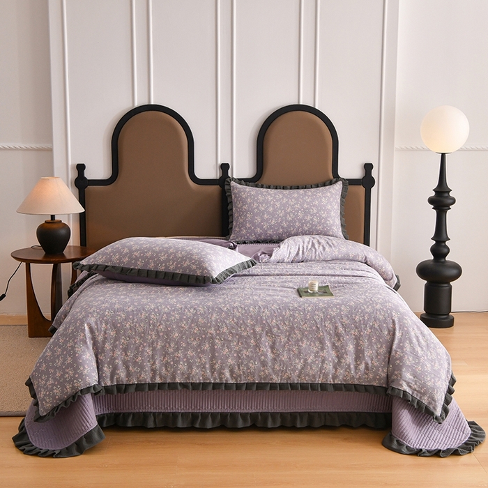 91家纺网 家纺一手货源 找家纺 金艾草2026新款A类纯棉双层纱皱皱纱花边床盖四件套（复古风） 花奴-床盖款