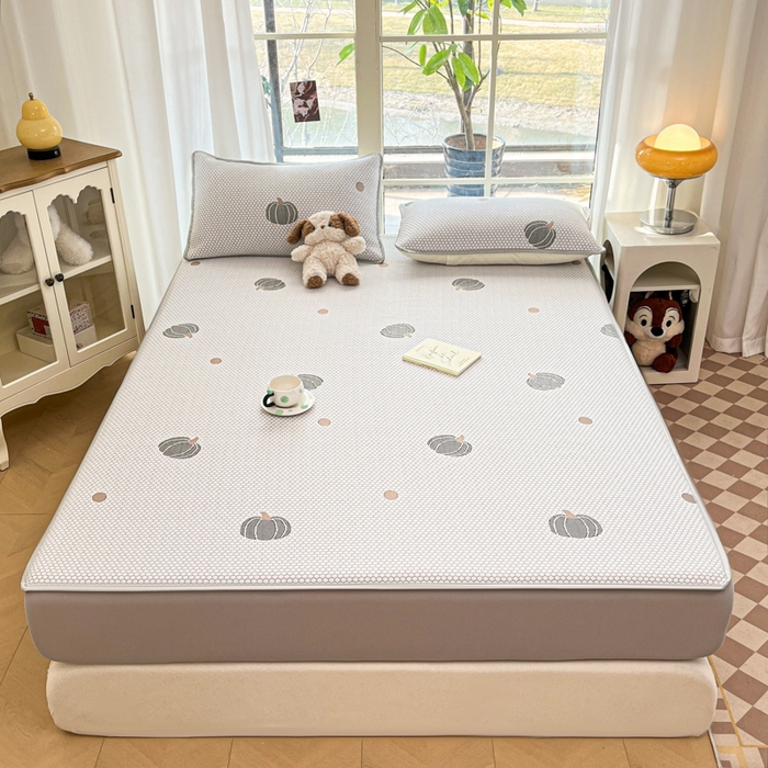 91家纺网 家纺一手货源 找家纺 卡伦2025新款凉感丝凉豆豆凉席床笠提花系列 凉豆豆-南瓜灰