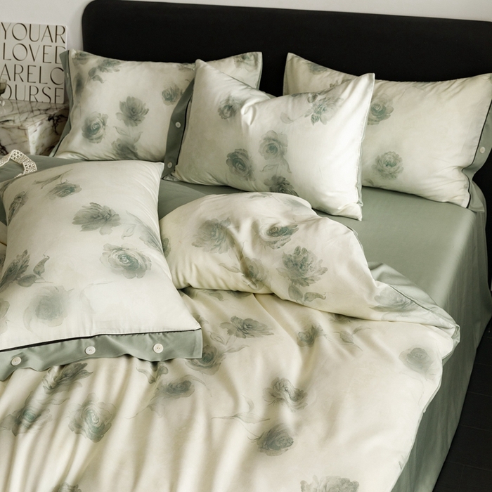 91家纺网 家纺一手货源 找家纺 金奇达2025新款【浮光半夏】-茧养莱赛尔四件套（标准号全网控价（折后券后）不低于258元） 满庭芳-松绿