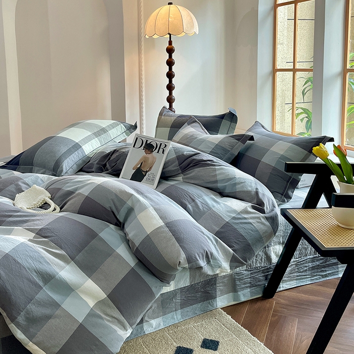 91家纺网 家纺一手货源 找家纺 喜四方 2025新款全棉色织水洗棉四件套 米夕大格-灰