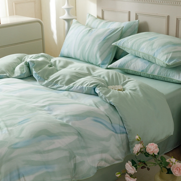 91家纺网 家纺一手货源 找家纺 金奇达2025新款【格林】-轻氧水光莱赛尔四件套（标准号全网控价（折后券后）不低于268元） 格林-水绿