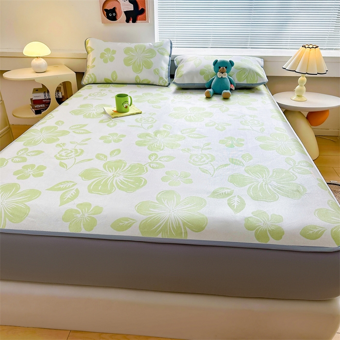 91家纺网 家纺一手货源 找家纺 雯豆家纺 2025夏季新品冰藤印花床笠三件套加厚冰丝软藤席小清新印花床罩单件 冰藤席-床笠款-伊犁花绚