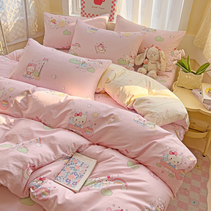 91家纺网 家纺一手货源 找家纺 棉生活家纺 2025新款ins全棉小清新系列四件套 彩虹喵