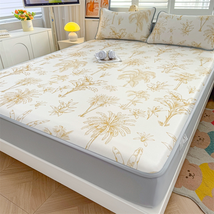 91家纺网 家纺一手货源 找家纺 雯豆家纺 2025夏季新品碳光冰丝凉席床笠款三件套印花小清新绑带冰丝席床罩 碳光冰丝席-床笠款-千枝叶