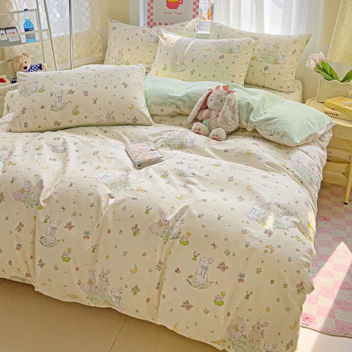 91家纺网 家纺一手货源 找家纺 棉生活家纺 2025新款ins全棉小清新系列四件套 月下小兔