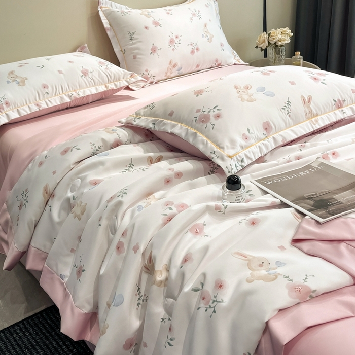 91家纺网 家纺一手货源 找家纺 佳品居 2025新款直播水洗天丝夏被冰丝夏凉被空调被四件套 花晨兔