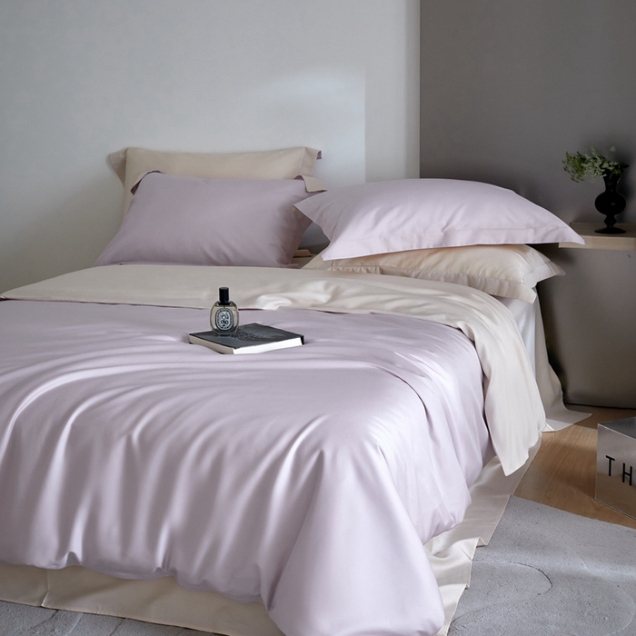 91家纺网 家纺一手货源 找家纺 金奇达2025新款【可芙】-轻氧水光天丝棉四件套（标准号全网控价（折后券后）不低于238元） 可芙-紫+杏