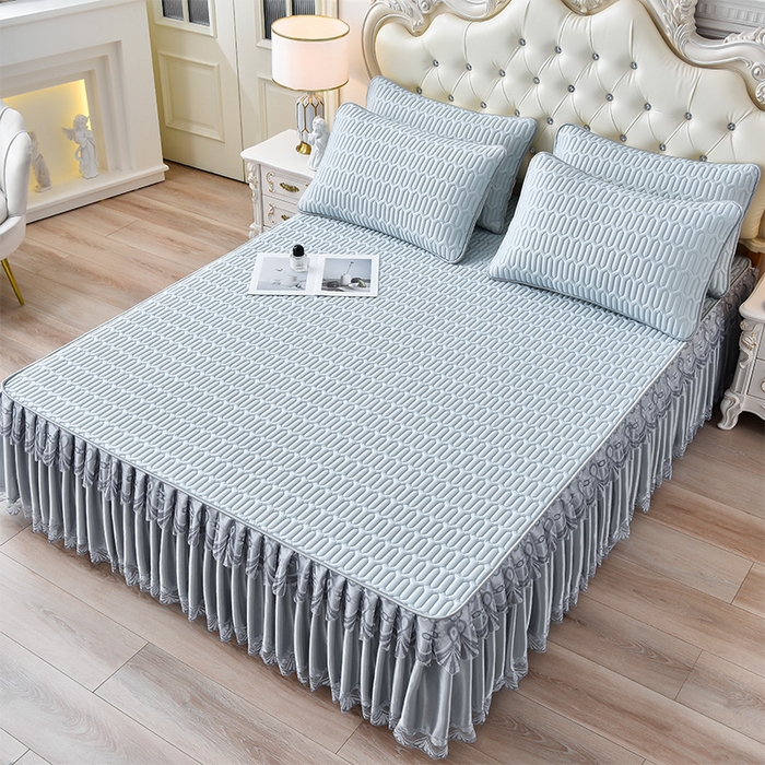 91家纺网 家纺一手货源 找家纺 诺梵 2025新款可拆卸乳胶凉席三件套床裙款 可拆蓝灰