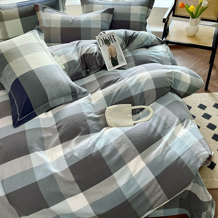 91家纺网 家纺一手货源 找家纺 喜四方 2025新款全棉色织水洗棉四件套 米夕大格-灰