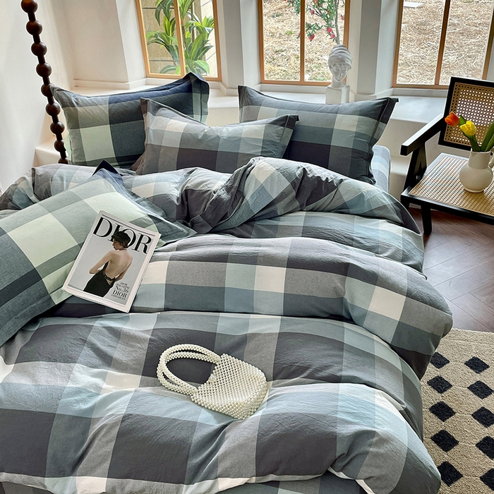 91家纺网 家纺一手货源 找家纺 喜四方 2025新款全棉色织水洗棉四件套 米夕大格-灰