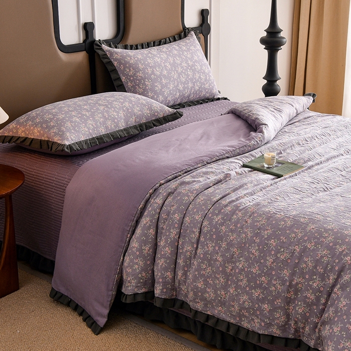 91家纺网 家纺一手货源 找家纺 金艾草2026新款A类纯棉双层纱皱皱纱花边床盖四件套（复古风） 花奴-床盖款