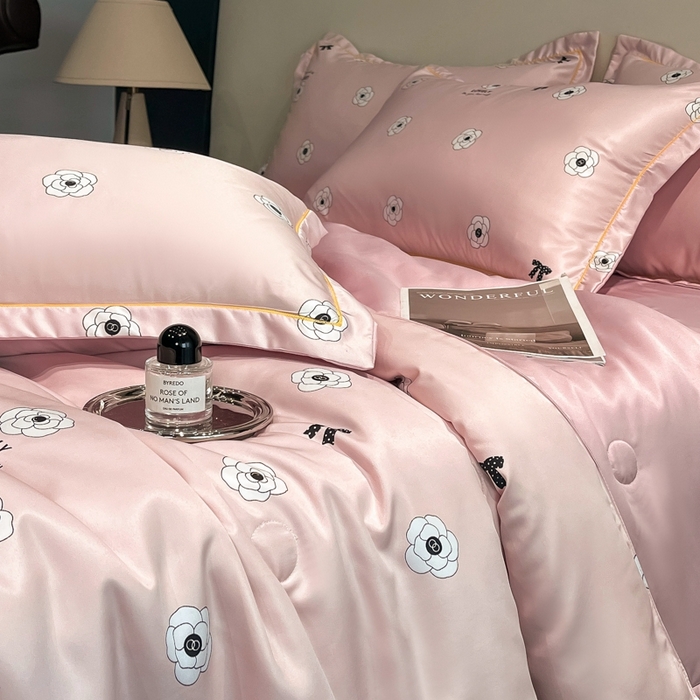 91家纺网 家纺一手货源 找家纺 佳品居 2025新款直播水洗天丝夏被冰丝夏凉被空调被四件套 香格丽粉