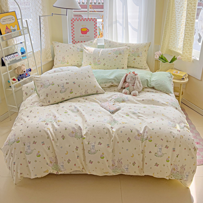 91家纺网 家纺一手货源 找家纺 棉生活家纺 2025新款ins全棉小清新系列四件套 月下小兔