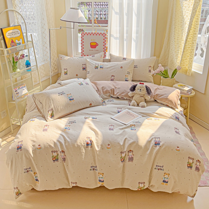 91家纺网 家纺一手货源 找家纺 棉生活家纺 2025新款ins全棉小清新系列四件套 小熊系铃